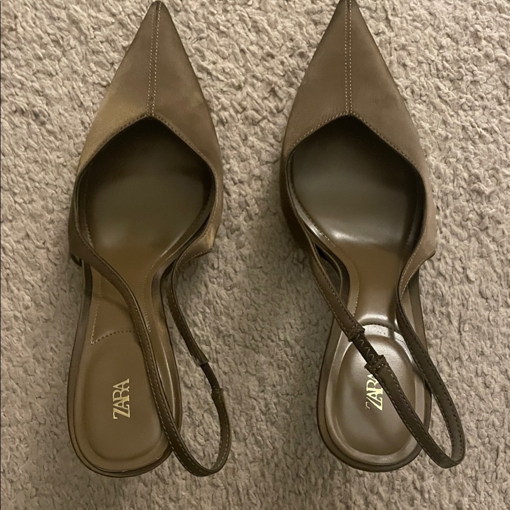 Zara Women's Tan Satin Effect Pointed Slingback Heels